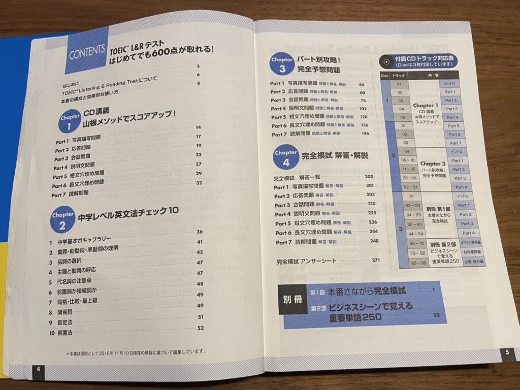 当時使用していたTOEIC600点取得の為の参考書の目次の画像