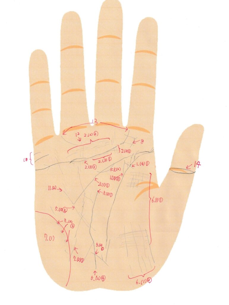 実際の鑑定に使用した手相書き込みシート26(右手)の画像