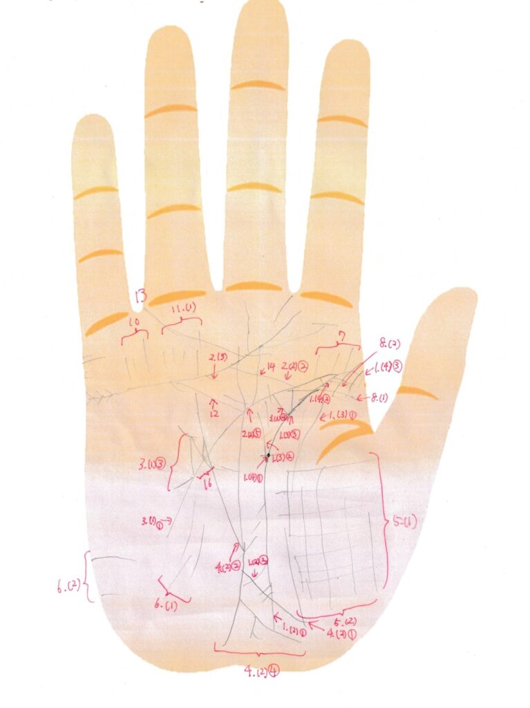 実際の鑑定に使用した手相書き込みシート32(右手)の画像