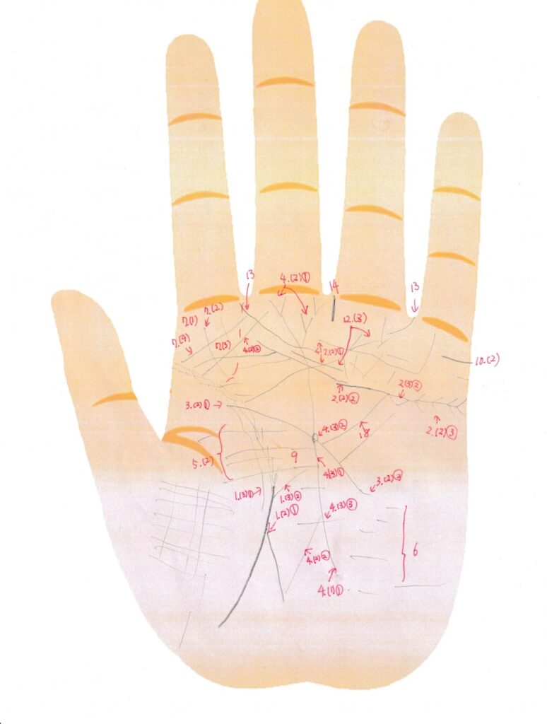 実際の鑑定に使用した手相書き込みシート37(左手)の画像