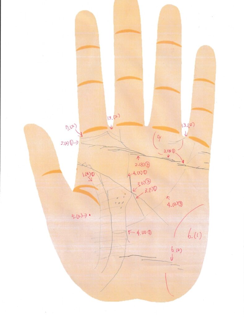 実際の鑑定に使用した手相書き込みシート34(左手)の画像